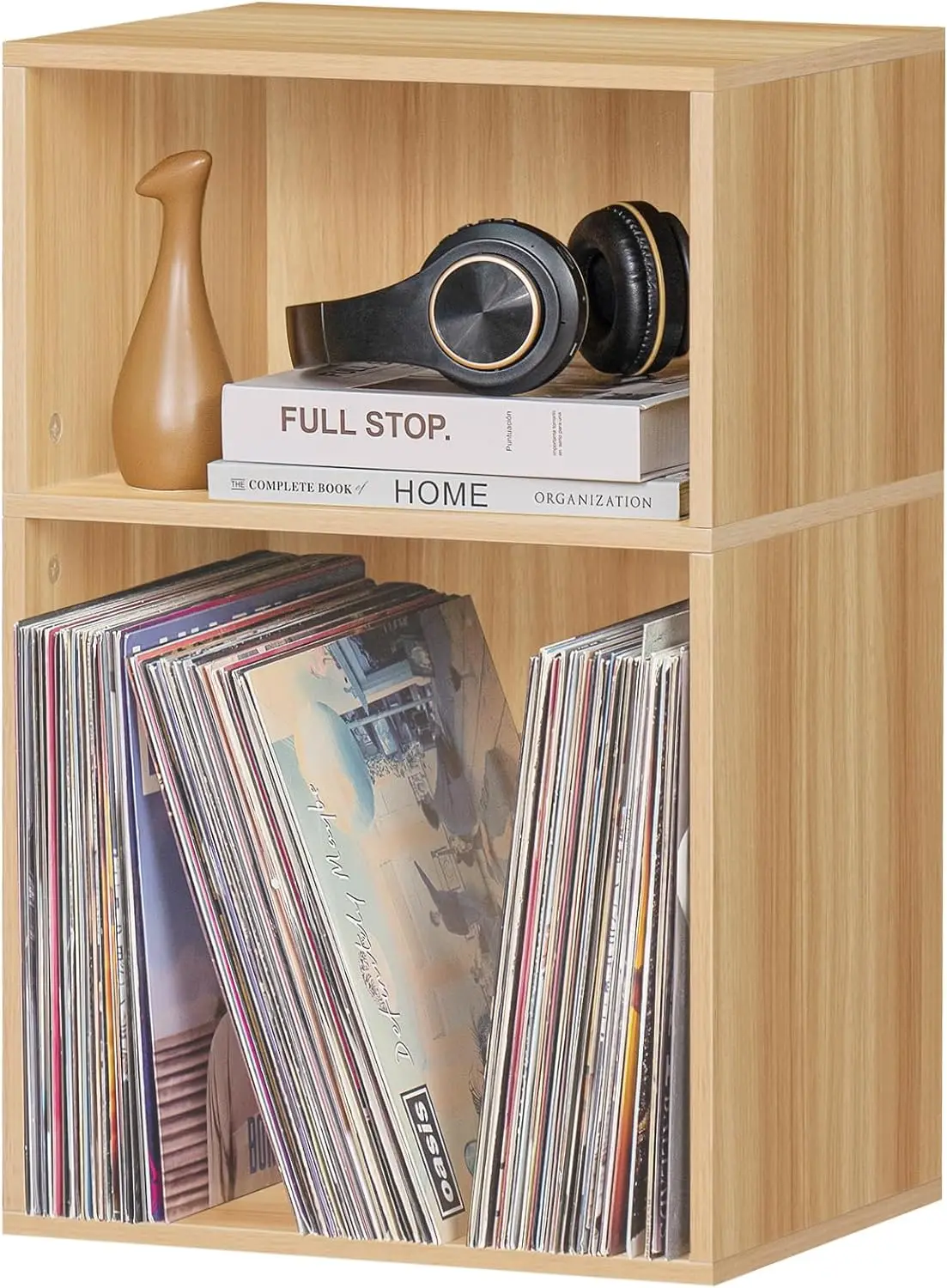 2 Cube Bookshelf,Natural Record Player Stand Holds up to 100 Albums, Mini Wood Book Shelf Storage Organizer