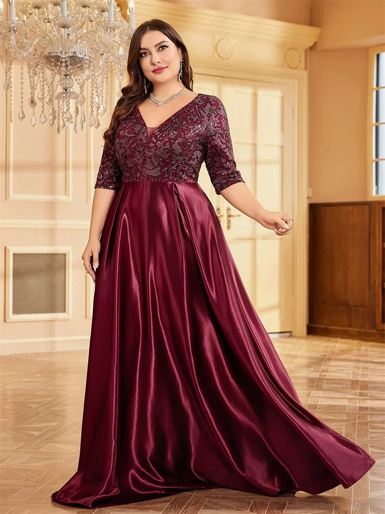 Plus Size Luxe Korte Mouw Rood Satijn V-hals Avondjurk 2025, Vrouwen Pailletten elegante Party Prom Vloerlengte Cocktailjurken