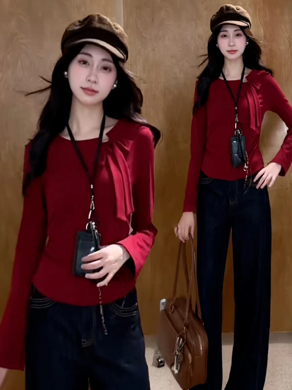 여성용 빈티지 스타일 캐주얼웨어 편안하고 통기성 좋은 가을 신상품 순면 긴팔 티셔츠