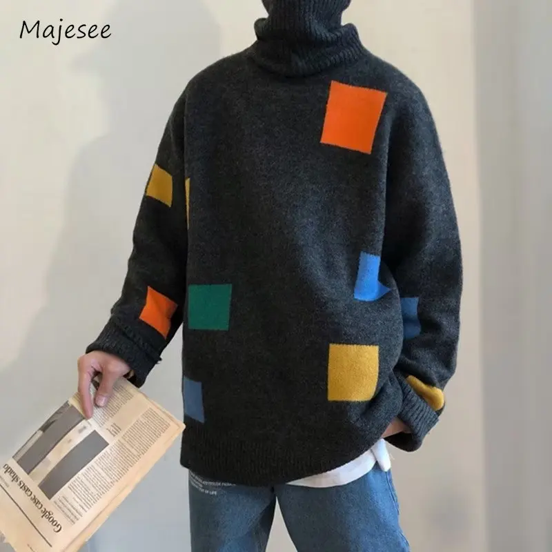 Turtleneck Sweaters Men Popular Couple Panelled Autumn Winter Patchwork High Street Male American Style Knitwear All-match Cozy