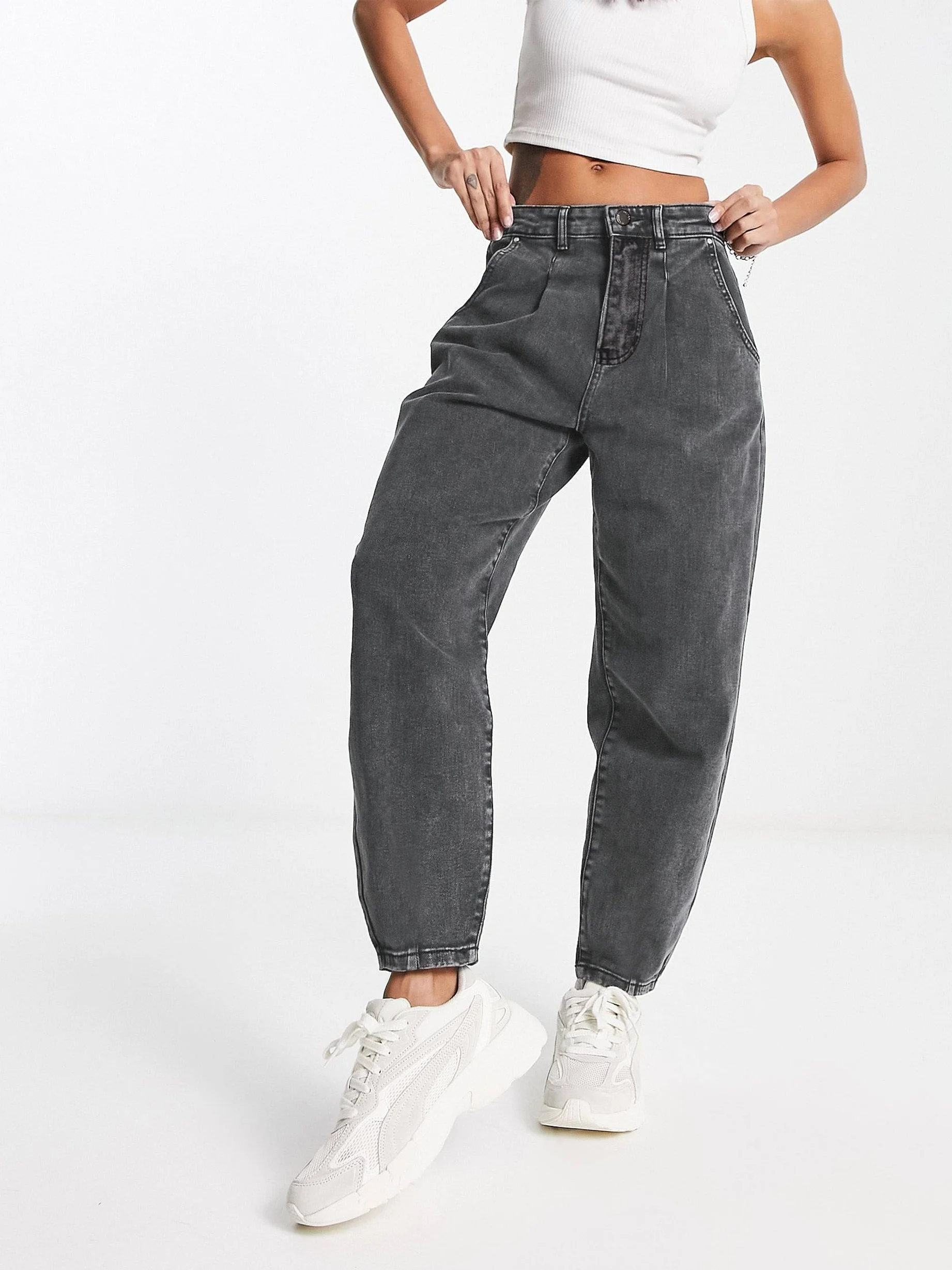 Autumn Black Washed Casual Tapered Jeans, Slant Pockets Straight Legs Mom Jeans, Women's Denim Jeans