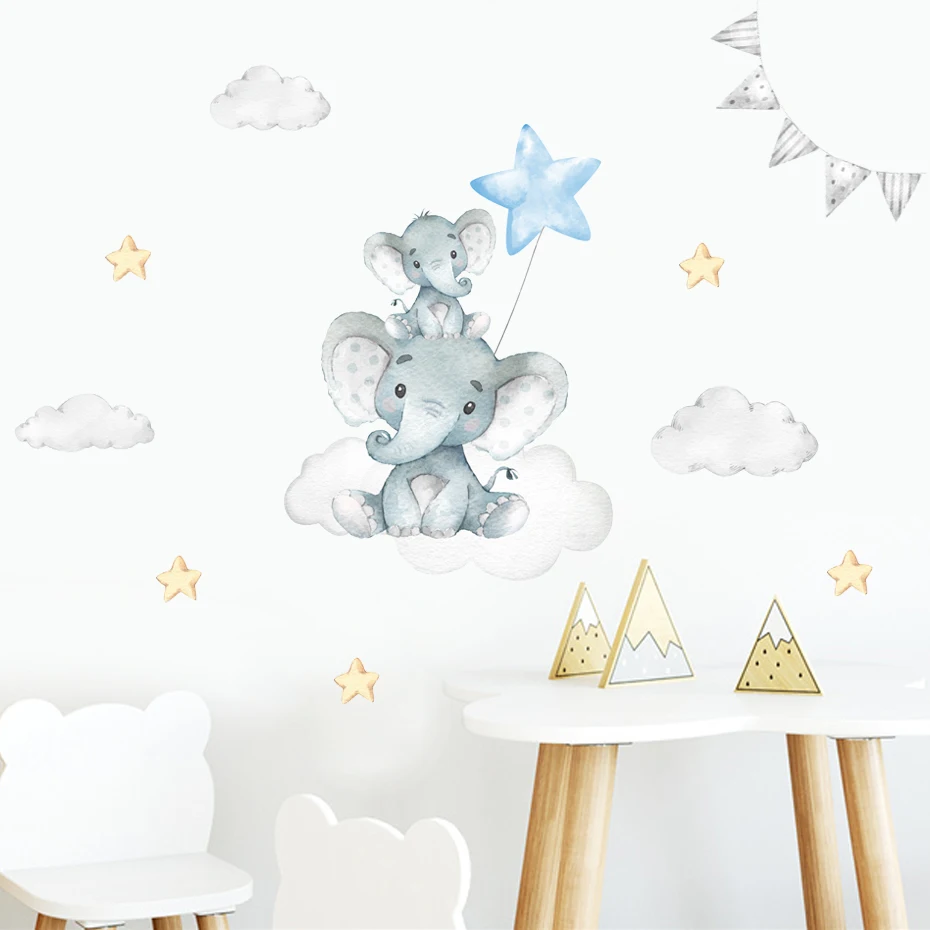 Pegatinas de pared de elefante, Luna, estrellas, azul y verde, calcomanías de pared extraíbles para guardería, carteles artísticos, decoración