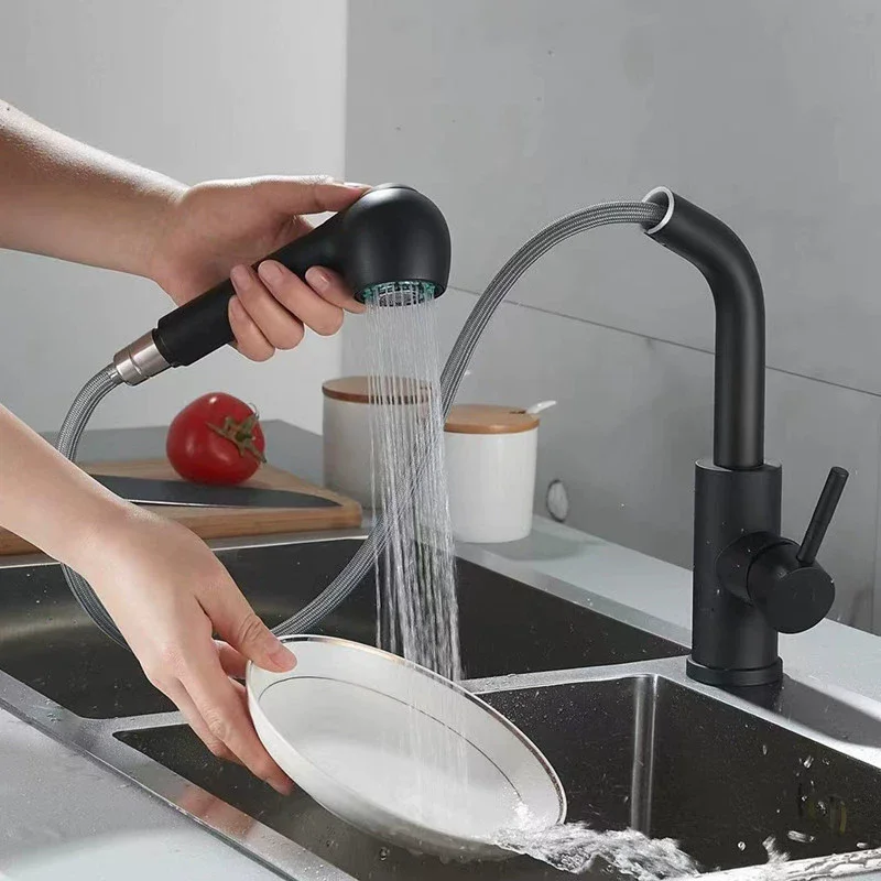 Black Pull Out Kitchen Sink Faucet Two Model Stream Sprayer Stainless Steel Hot Cold Wate Mixer Tap Deck Mounted
