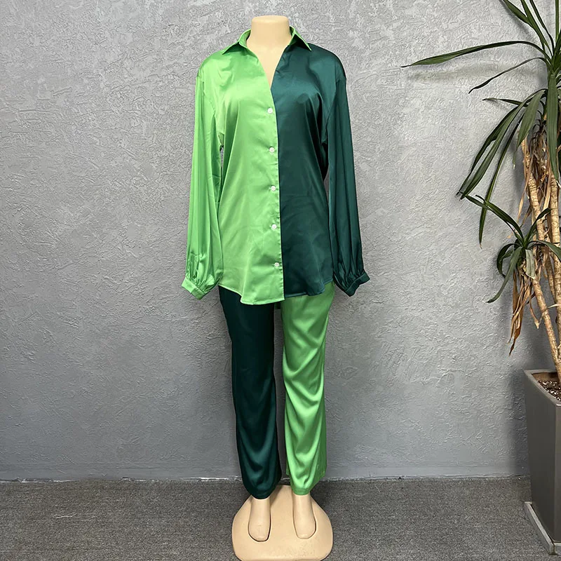 Spring Two Piece Outfits For Women Fashion 2023 Green Long Sleeve Shirts Straight Pants Set Tracksuits Lady 2 Piece Pant Suits