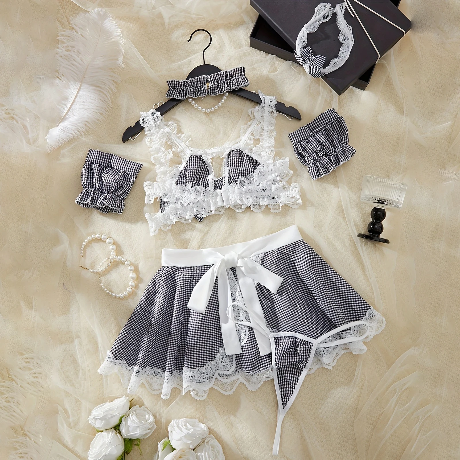 Conjunto de lencería de sirvienta Sexy Lolita para mujer, sin mangas, con estampado de cuadros, lazo y falda, delantal, ropa de dormir exótica