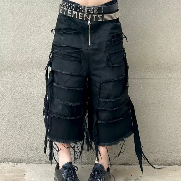 

Черные готические ретро-панк-джинсы с кисточками для мужчин и женщин Y2k Harajuku, летняя новая тенденция, модная уличная одежда, повседневные свободные широкие джинсы