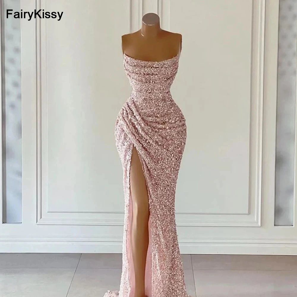 

FairyKissy Mermaid Evening Dresses Pink Sequined Prom Gowns Long Formal Side Split Party Saudi Arabia Celebrity Dress Plus Size