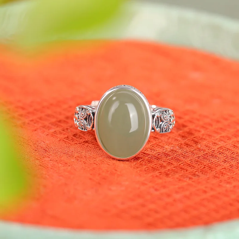 Natural Hetian S925 Sterling Zaki Lam Patterned-Shaped Jade Silver Ring