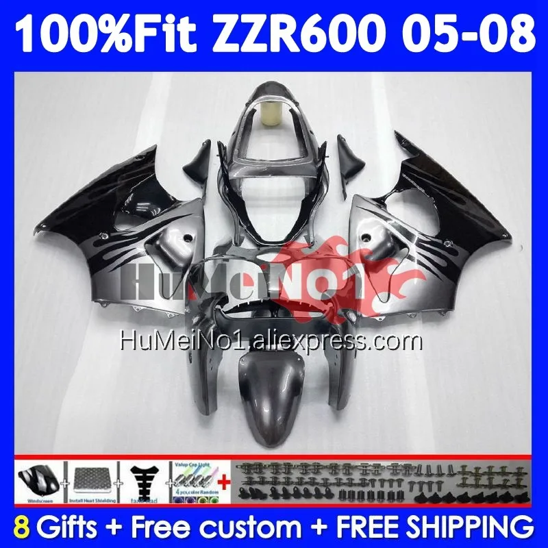 Injection Body For KAWASAKI NINJA ZZR-600 ZZR 600 CC 204No.67 Silver&flames ZZR600 05 06 07 08 2005 2006 2007 2008 OEM Fairings