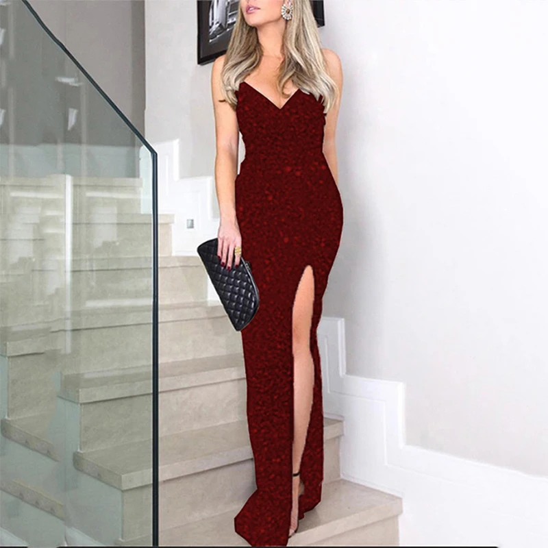 Female V Neck Sleeveless Spaghetti Strap Dress Elegant Off Shoulder Sequins Gowns Club Dress Sexy High Split Slim Evening Dress