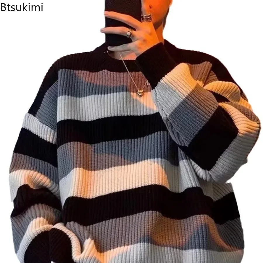 Maglione lavorato a maglia Colorblock a righe da uomo Autunno Inverno Spessore allentato caldo O-Collo Manica lunga Pullover morbido Pullover elastico Maschile
