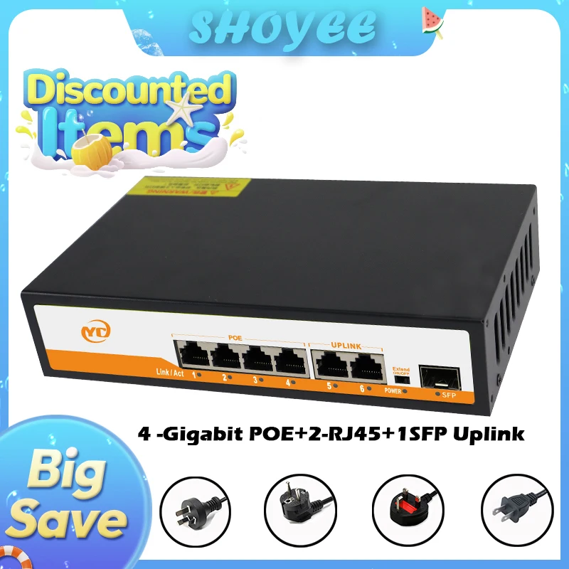 

Новый 7-портовый гигабитный Ethernet-коммутатор POE RJ45 SFP с невимужным подключением 802.3af/at Plug and Play, для IP-камеры/NVR
