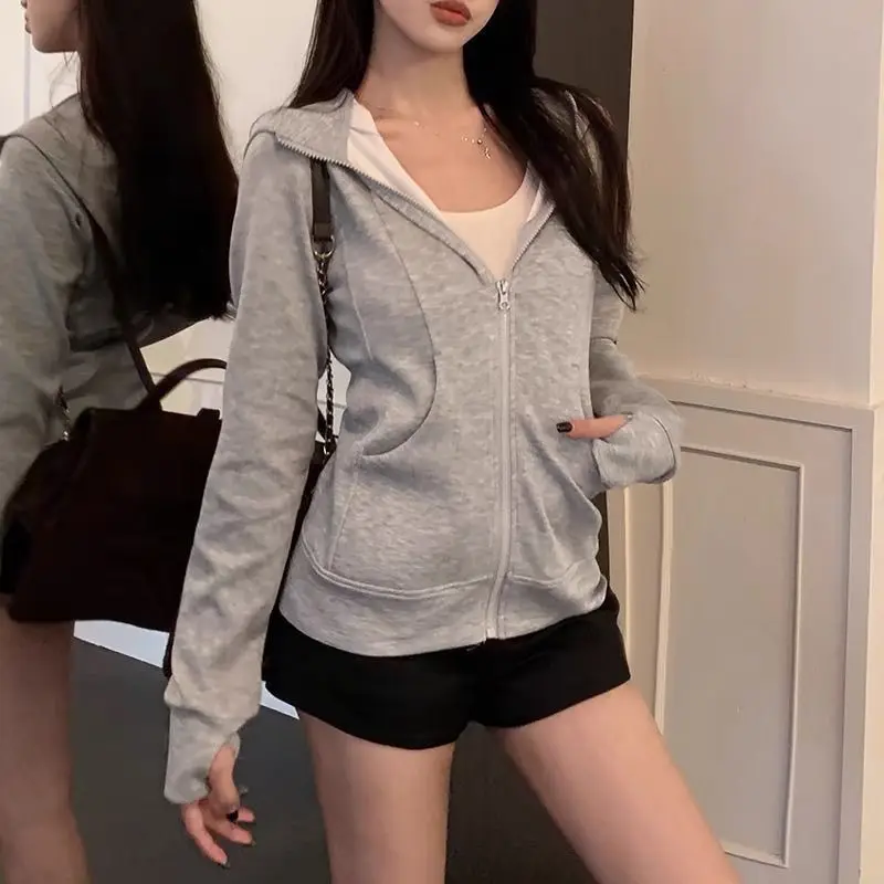 

Deeptown Gray Zipper Hooded Sweatshirt Women Casual Preppy Style Sports Hoodies Korean Style Slim Up Long Sleeve Sweatshirts