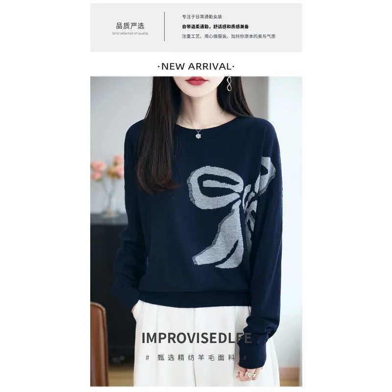 Modischer Jacquard-Pullover mit Schleife für Herbst und Winter. Neues inneres Rundhals-Bottom-Shirt. Vielseitiger und eleganter Pullover