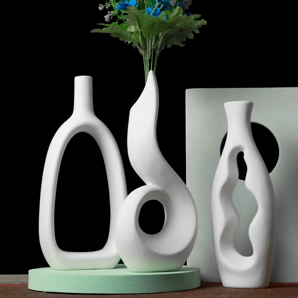 Ceramic Vase Abstract Hollow Pattern White Plain Embryo Flower Curved Pendulum Arrangement Decoration Accessories