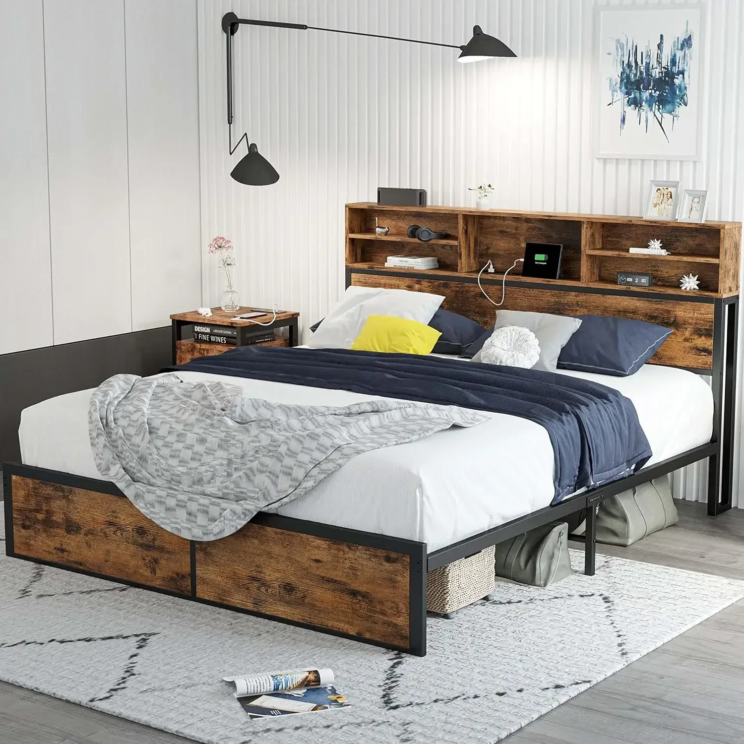 Full Size Bed Frame with Tall Bookcase Headboard and Charging Station, Solid and Stable Platform Bed, Noise Free