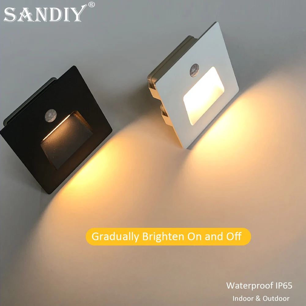 SANDIY Recessed Led Step Light Motion Sensor Stair Lamps Gradually Brighten On Wall Lamp Waterproof Luminaire for Indoor Outdoor