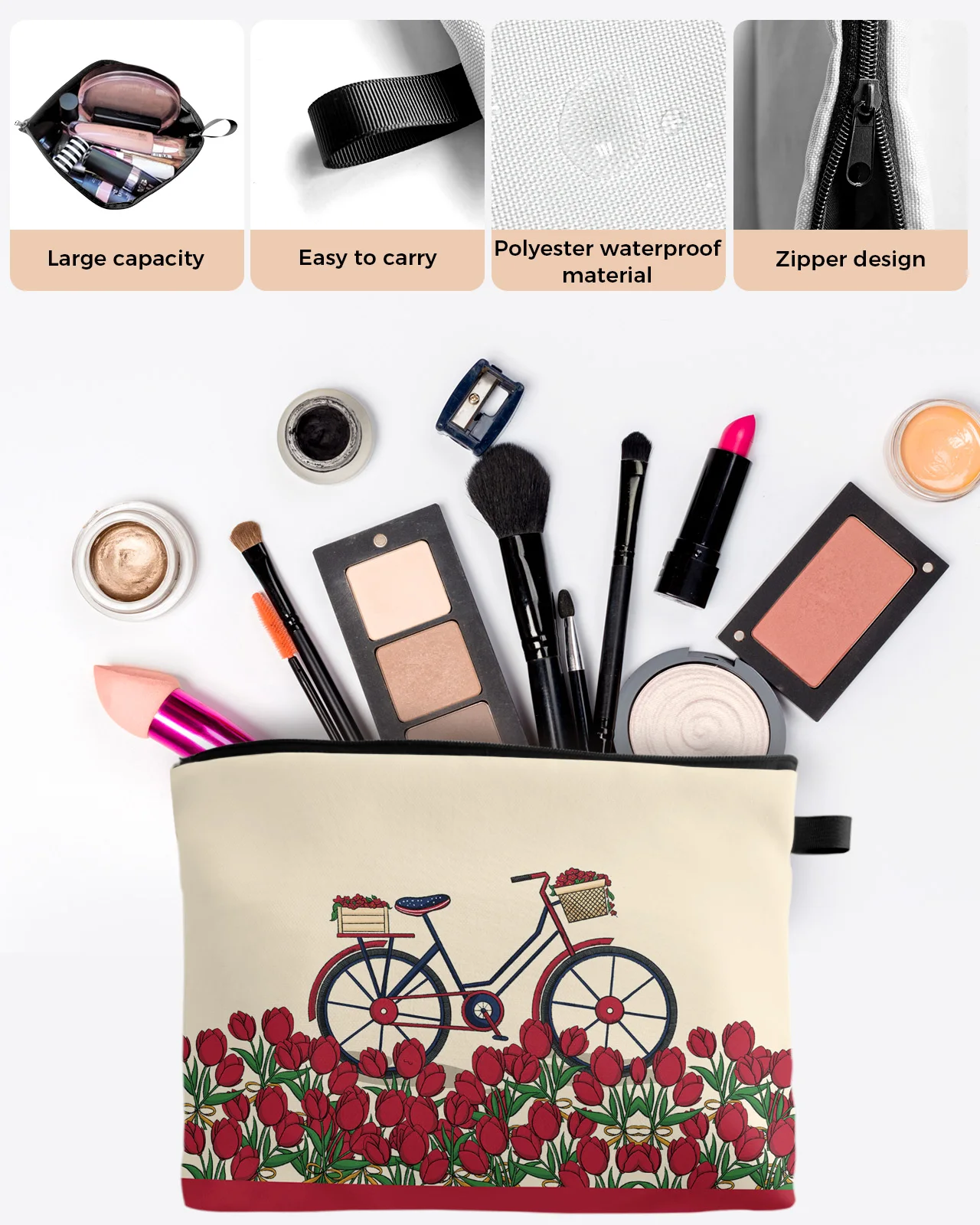 Tulip Flower Bicycle Makeup Bag Pouch Travel Essentials Lady Women Cosmetic Bags Toilet Organizer Kids Storage Pencil Case