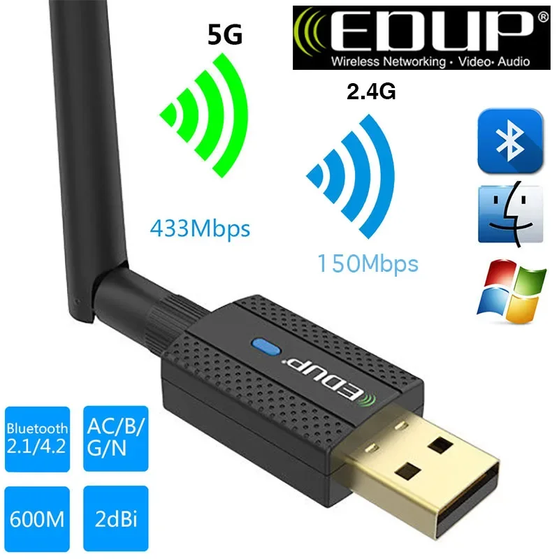 

EDUP 600M USB 2.0 5.8G двухдиапазонный сетевой адаптер AC600 2.4G Wi-Fi 2-в-1 600 Мбит/с беспроводной Bluetooth 4.2