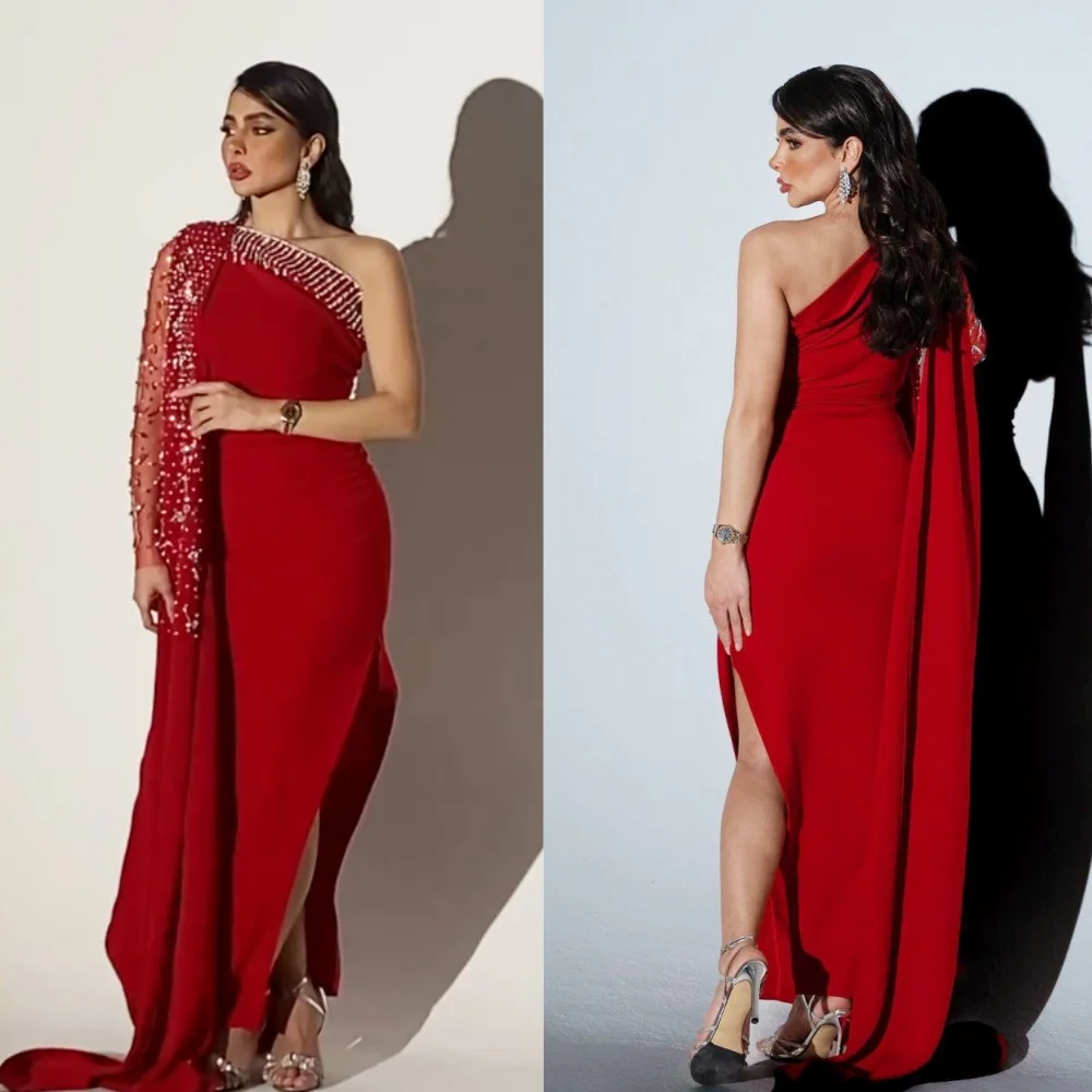 Maßgeschneidertes Jersey-Strass-Midikleid zum Valentinstag, A-Linie, One-Shoulder-Kleid, maßgeschneidert, für besondere Anlässe