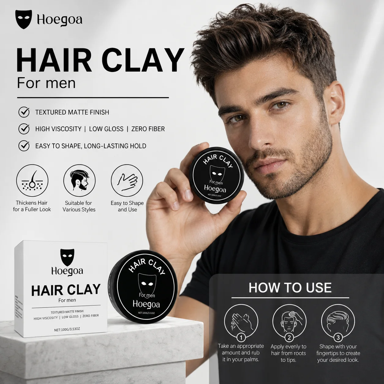 Hoegoa Hair Clay for Man Long Lasting Sweat Resistant Matte Finish Add Volume Improve Texture Moisturizing Hair Styling Products