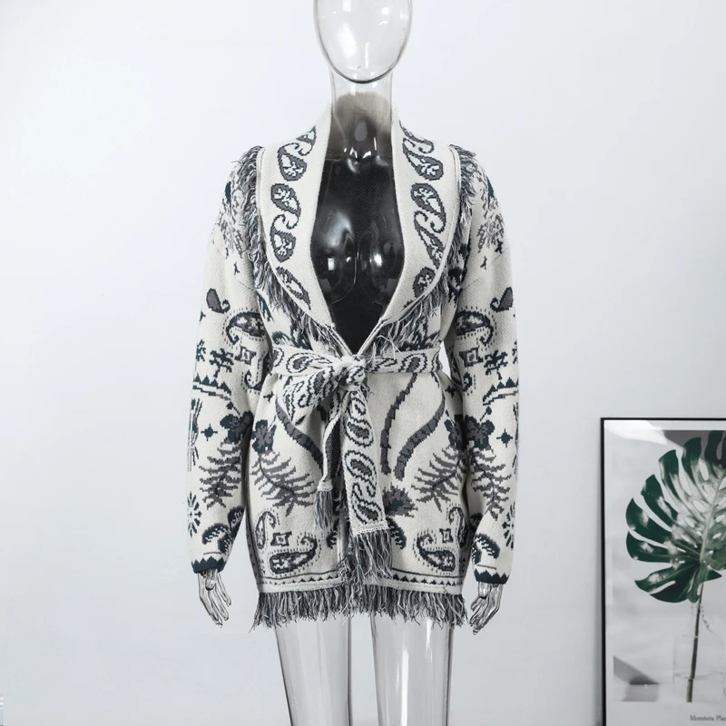 Frauen Quaste Patchwork Gedruckt Strickjacke Mode V-ausschnitt Langarm Lose Strickwaren Dame Herbst Pendeln Straße Strickjacken – Detail 7
