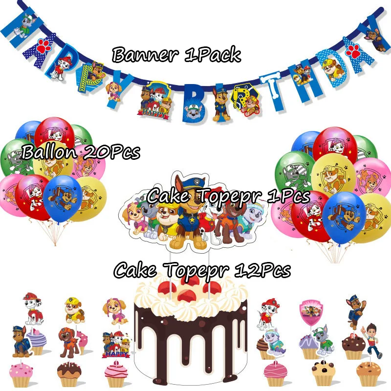 PAW Patrol Tableware Set Event Toy Gift Party Supplies Banner Cake Topper 12in Latex Ballon People Wedding Supplies Decoration