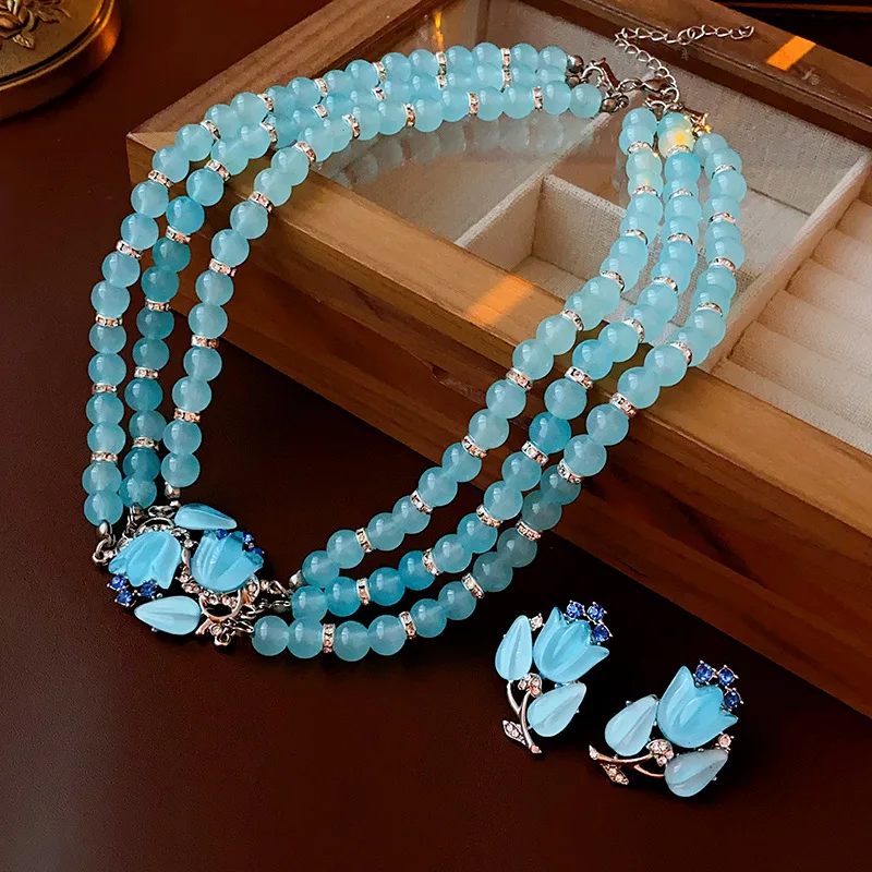 Vintage Necklace Blue Flowers Three Layer Fashionable Collar Chain Neckwear Wholesale