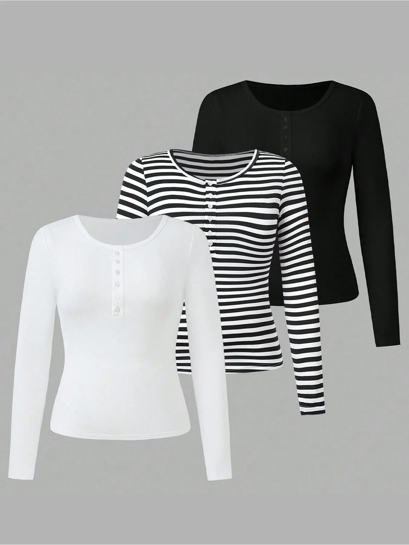 

Casual and elegant plus size women's three piece set solid color striped round neck long sleeved top T-shirt