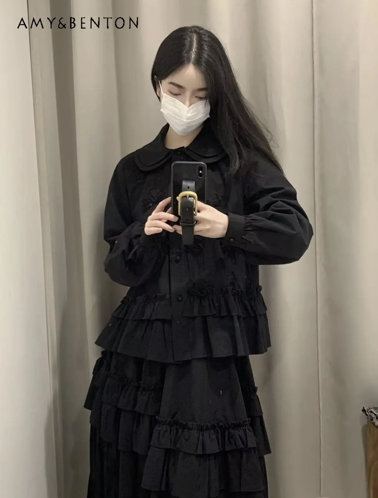 เสื้อเชิ้ตแขนยาวจีบระบายปักลายโบว์คอสองชั้นสไตล์ญี่ปุ่นดั้งเดิม ให้ลุคหวานแบบเจ้าหญิง