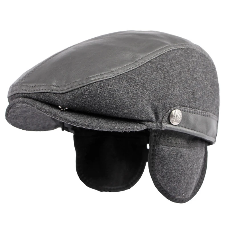 

MZ4113 Beret Cap Thick Warm Autumn Winter Hat Men Women PU Leather Beret Hat with Earflap Male Female Wool Ivy Flat Cap Dad Hats