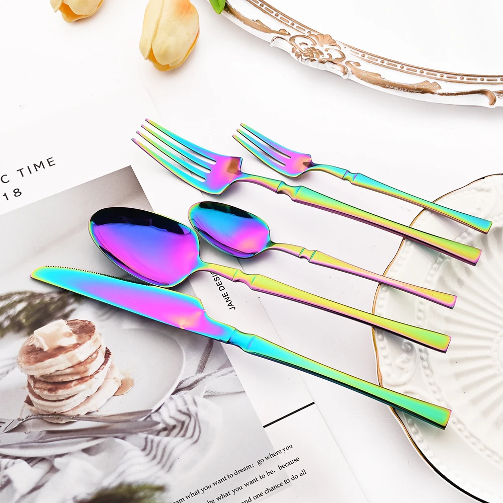 5Pcs Knife Forks Tea Spoons Tableware Mirror Rainbow Cutlery Sets Stainless Steel Dinnerware Kitchen Western Silverware Set