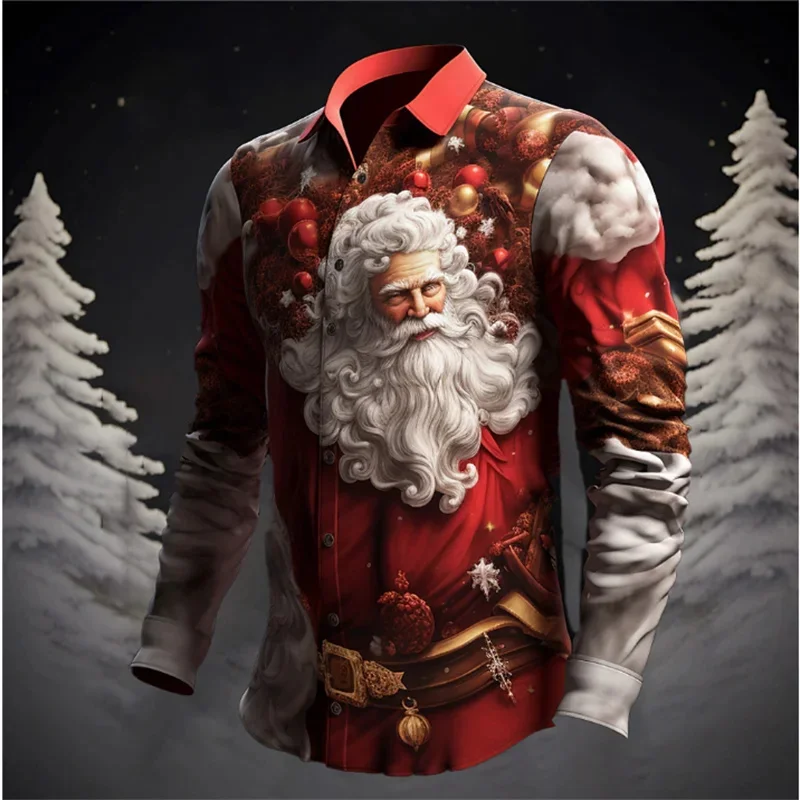 Santa Claus Christmas Tree Casual Men\'s Shirt Christmas Autumn and Winter Long Sleeve XS-6XL Four-way Stretch Fabric Shirt