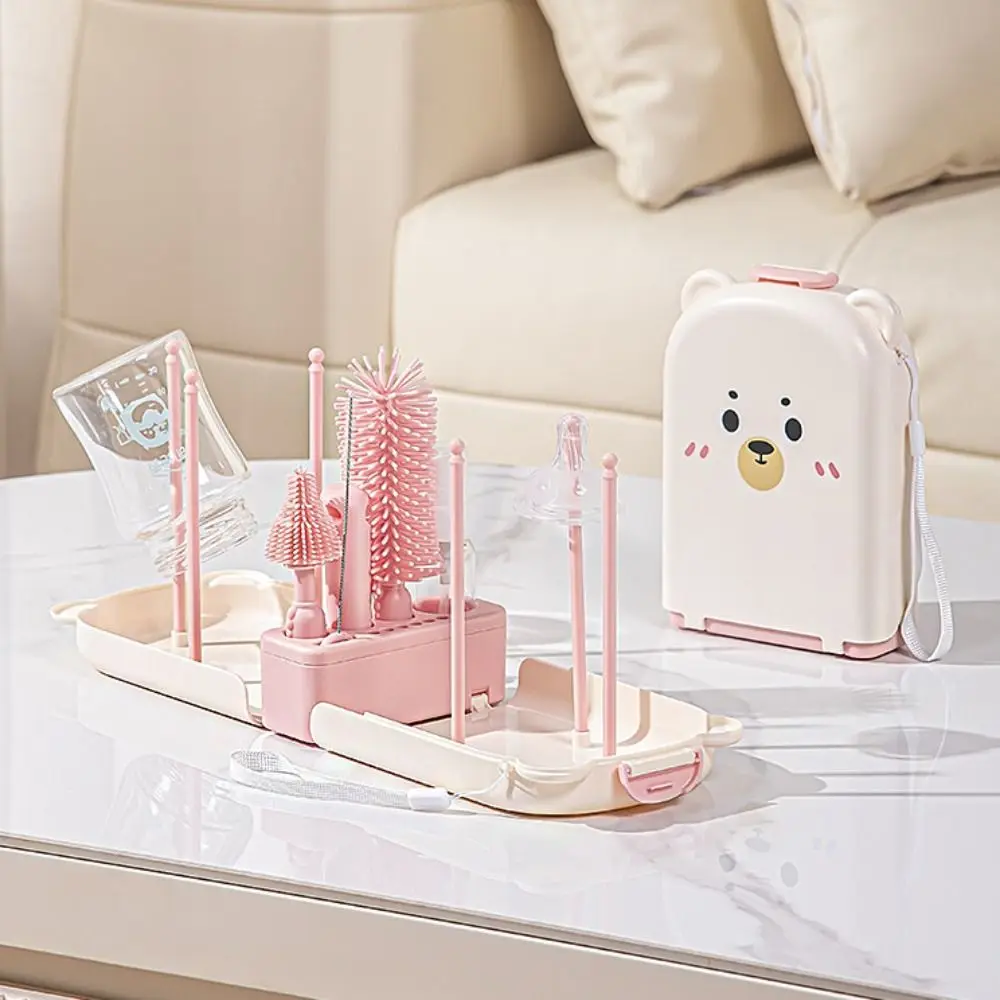 6-in-1 Baby Bottle Brush Set Built-in Drain Rack Drying Rack Bottle Cleaner Brush Portable Space Saving