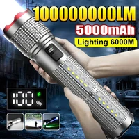 Linterna LED recargable, potente antorcha con luz lateral, Banco de energía, lámpara de emergencia con Zoom, luz fuerte para exteriores, linterna de Camping