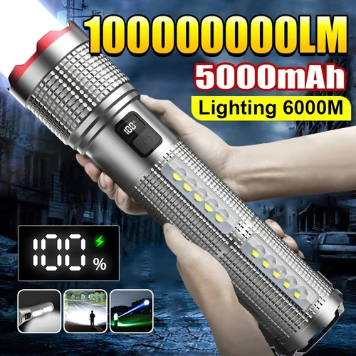 Imagen 1 del producto Linterna LED recargable, potente antorcha con luz lateral, Banco de energía, lámpara de emergencia con Zoom, luz fuerte para exteriores, linterna de Camping