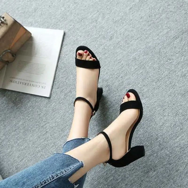 2022 New Thick Heel 7 Cm 5 Cm Sandals Women Summer Wild Large Size High Heel Mid-heel Buckle Sandals Open Toe Flock Pumps Shoes