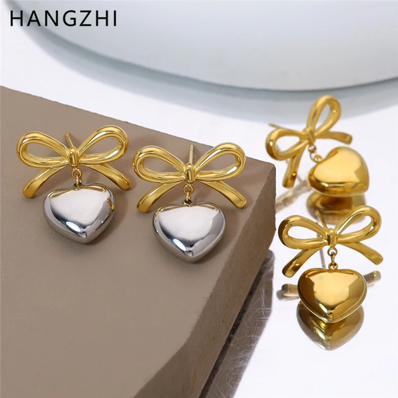 HangZhi 2024 New Heart Bow Drop Earring Party Sweet Fashion Gold Sliver Color Bowknot Pendant Jewelry Gift for Women