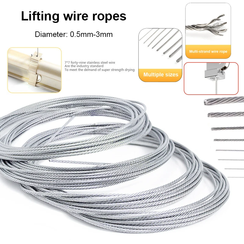 Corda de fio de aço inoxidável 5/10m, estrutura 7*7, suspensão macia, corda de elevação, corda de tração, rack de secagem, corda de fio