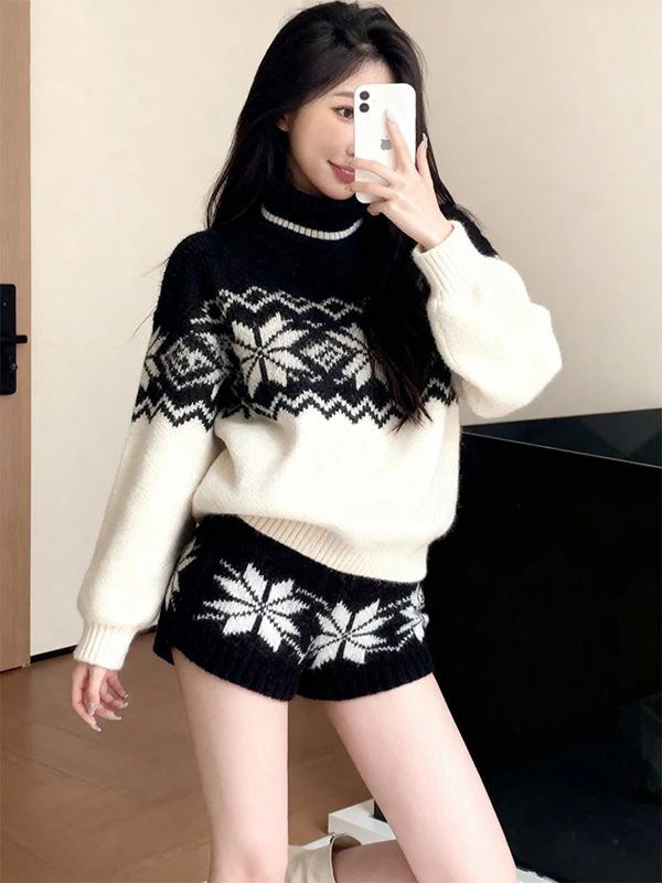 

Korean Sle Winter High Ne Knitted Sweater orts Set Bla White Fair Isle Small Size Faion Wind Ensemble Women's Clothes
