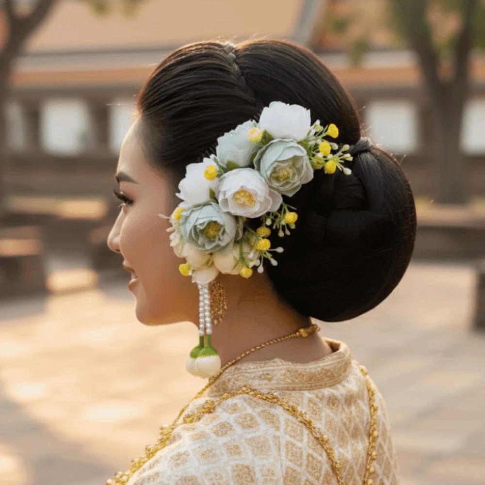 

Barrettes Sweet Flower Hair Comb Tassel Pearl Thai Hair Accessories Hair Clip Ethnic Style Wedding Bride Accessories Headwear