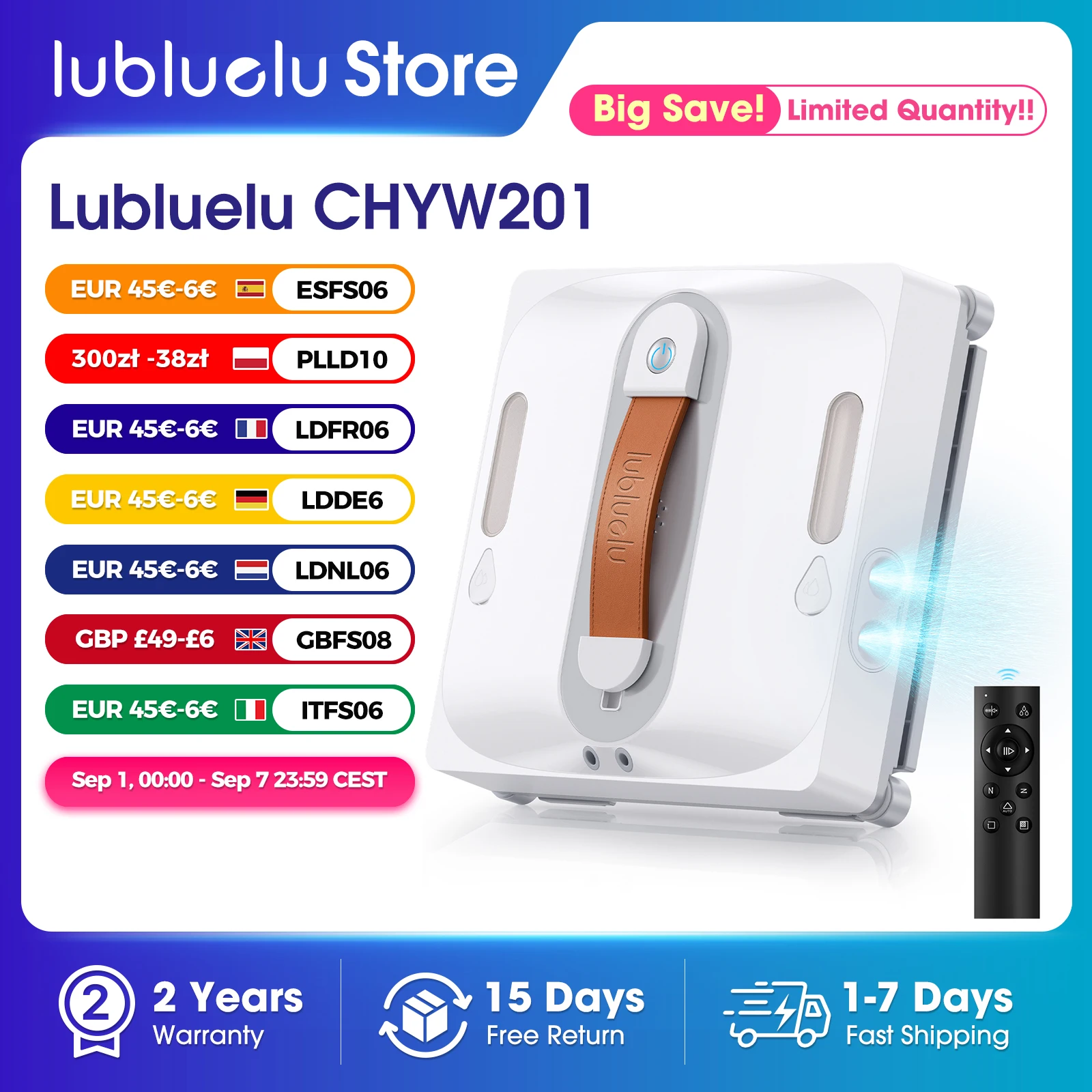 Image of Lubluelu Roboter-Fensterreiniger 8-Schicht-Sicherheitsschutz 9000Pa Saugkraft Intelligenter Pfad-Kantenreinigung Roboter für die Glasreinigung zu Hause