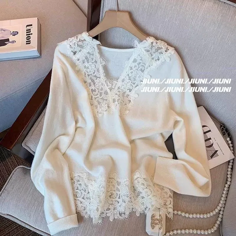 

Белый кружевной нижний свитер в ленивом стиле для женщин, уменьшающий возраст во французском стиле