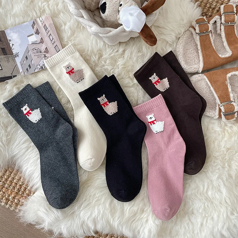 Embroidery Cartoon Alpaca Cute Women's Socks College Style Cotton Long Socks for Women Harajuku Vintage Animal Sheep Sock