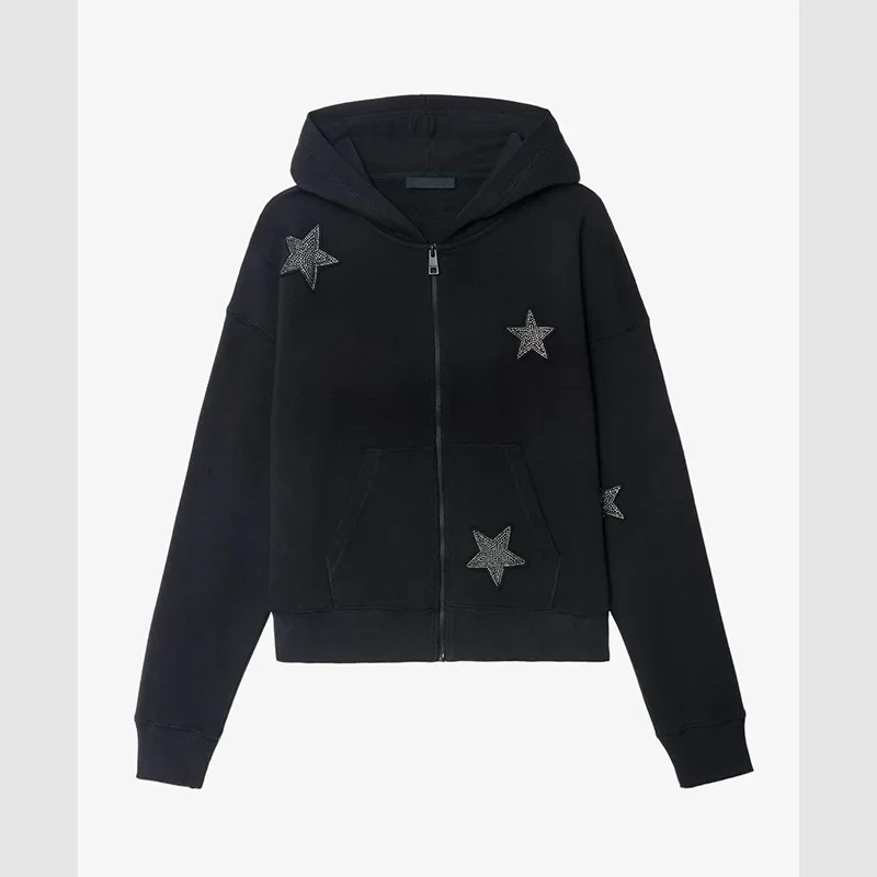 25 가을 겨울 신상 프렌치 니치 별 가득한 스티커 자수 핫 다이아몬드 여성 벨벳 지퍼 후드 재킷