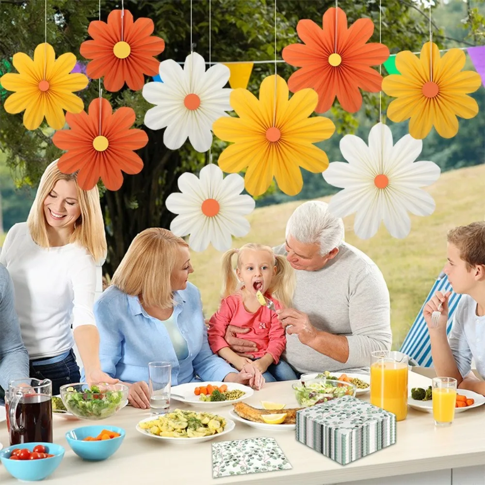 

9pcs DIY Crafts Paper Fan Flower Pendant Decorative Garlands Folding Fan Hanging Ornaments Yellow Orange Daisy Hanging Banners