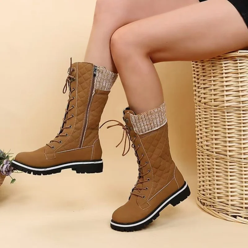 Waterproof women's winter boots with faux fur thermal Women Boots Mid-calf Wedge High Heel Platform Lace Up Zip Ladies Pumps Fem