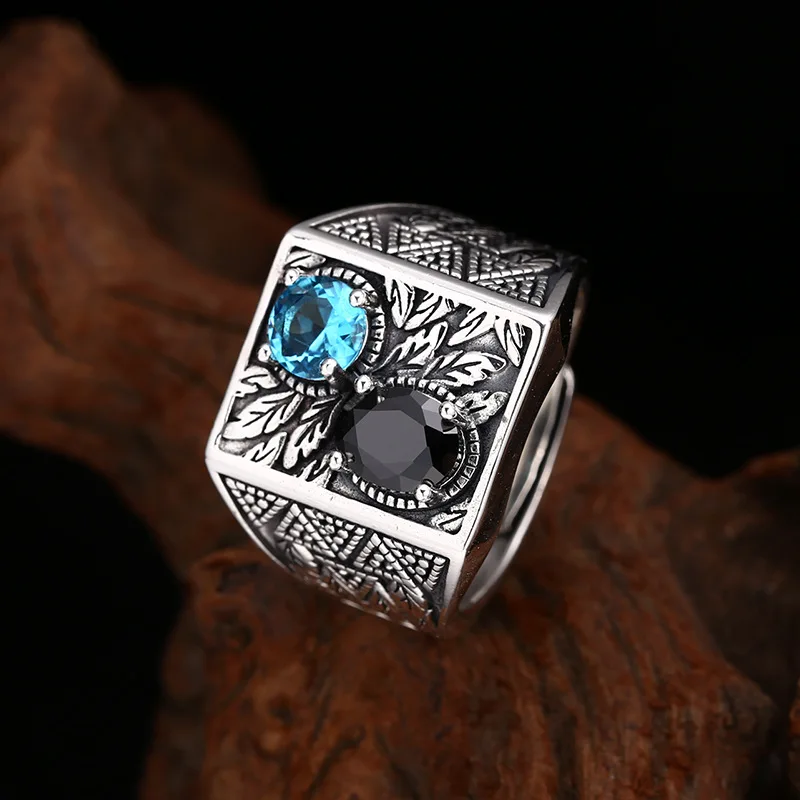 S925 Sterling Silver Zircon Adjustable Ring Punk Style Hip Hop Leaf Old Process Free Size Fine Jewelry FYRNG100