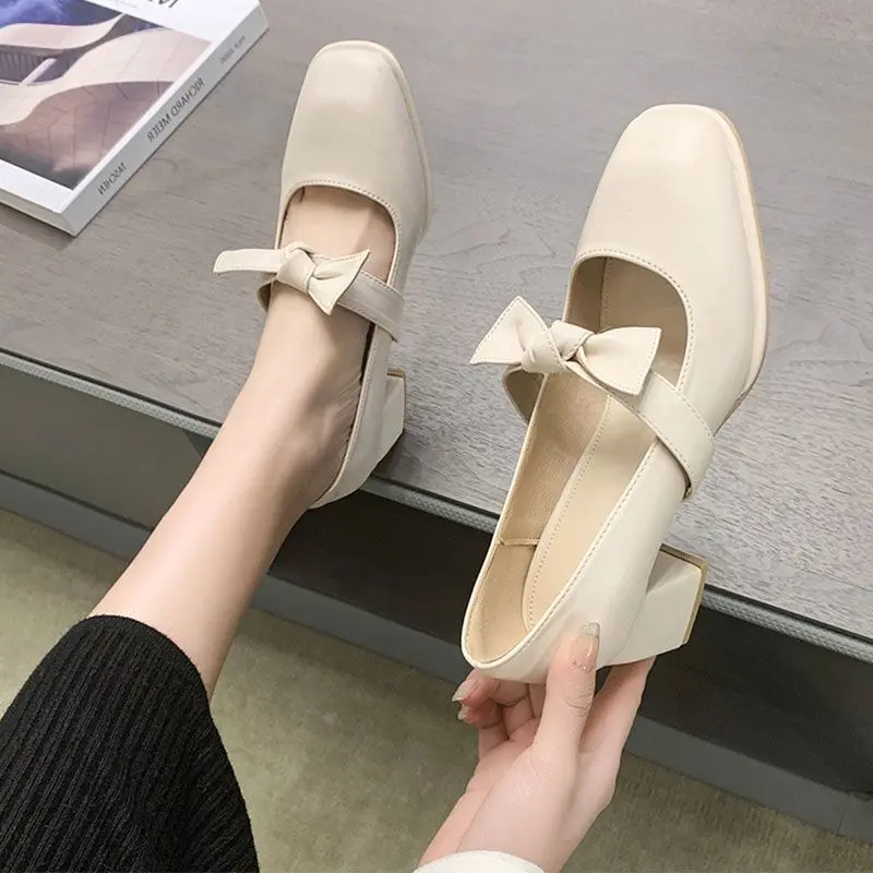 On Heeled with Bow Square Heels Japanese Style Lolita White High Mary Jane Gothic Shoes for Woman 2024 Women\'s Summer Footwear A