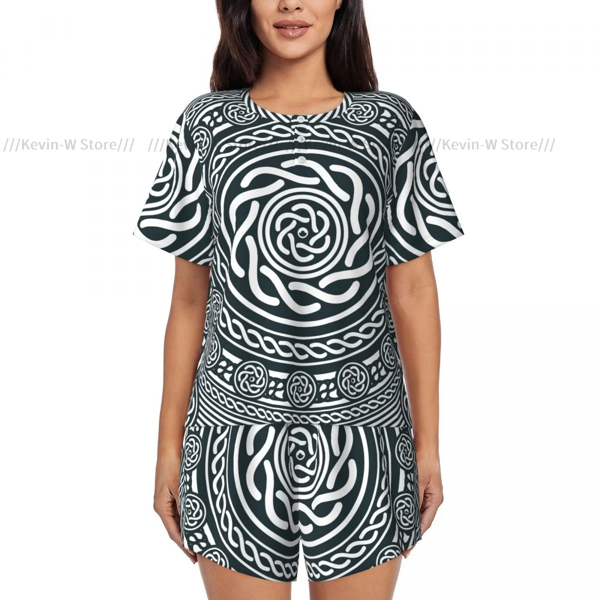 Women Pajamas Homewear Set Abstract Black White Celtic Mandala Short-Sleeved Two-Piece Set Girl Nightwear Loungewear Sleepwear